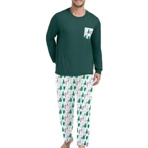 Men's Pajama Set Sleepwear Lightweight Long Sleeve Green /White New